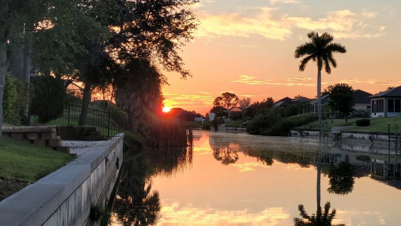 Orange evening sky over the canal with a palm tree and reflections in the water